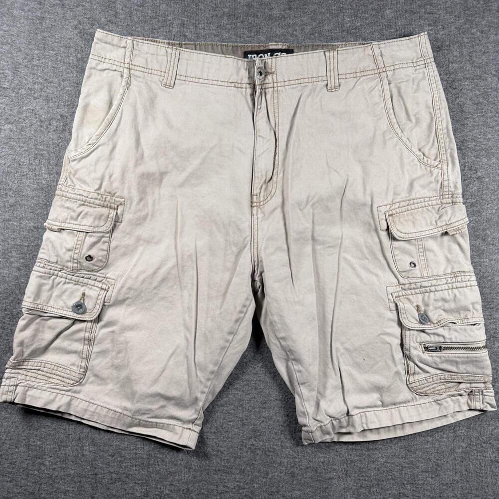 Iron Co Cargo Shorts Mens 38 Beige Cotton Utility Pockets Outdoor Casual Y2K